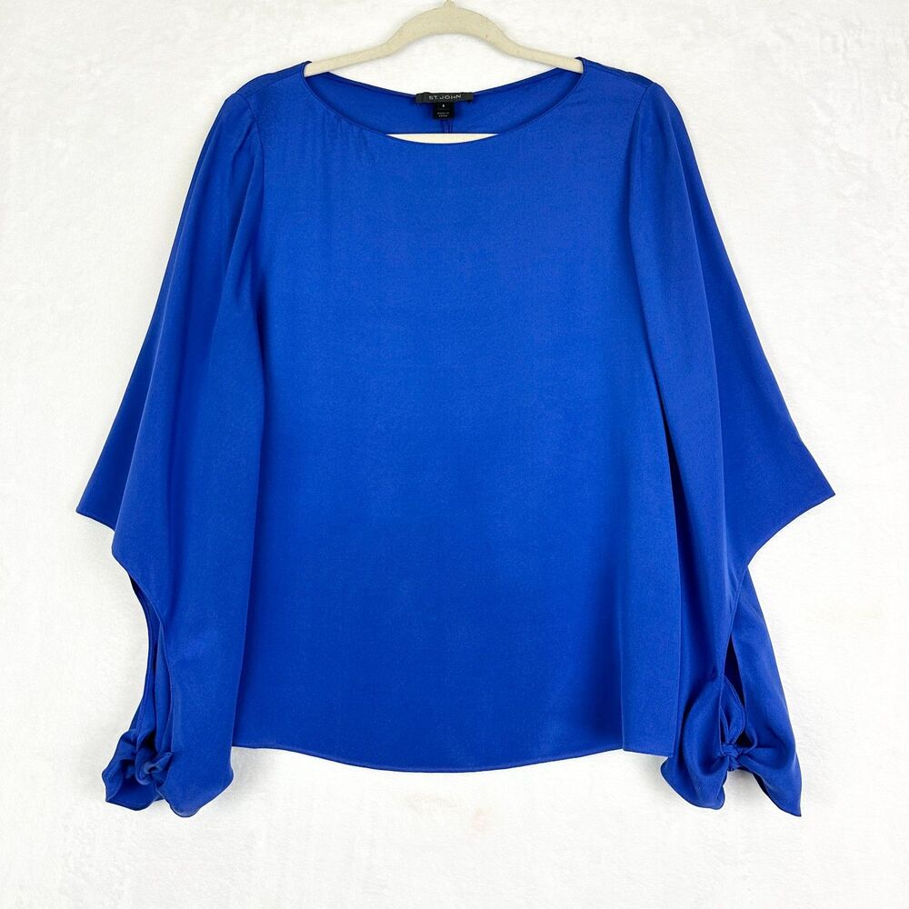 St John Silk Top Size Small Blue Cutout Sleeve Tie Cuff Quiet Luxury Bateau Neck